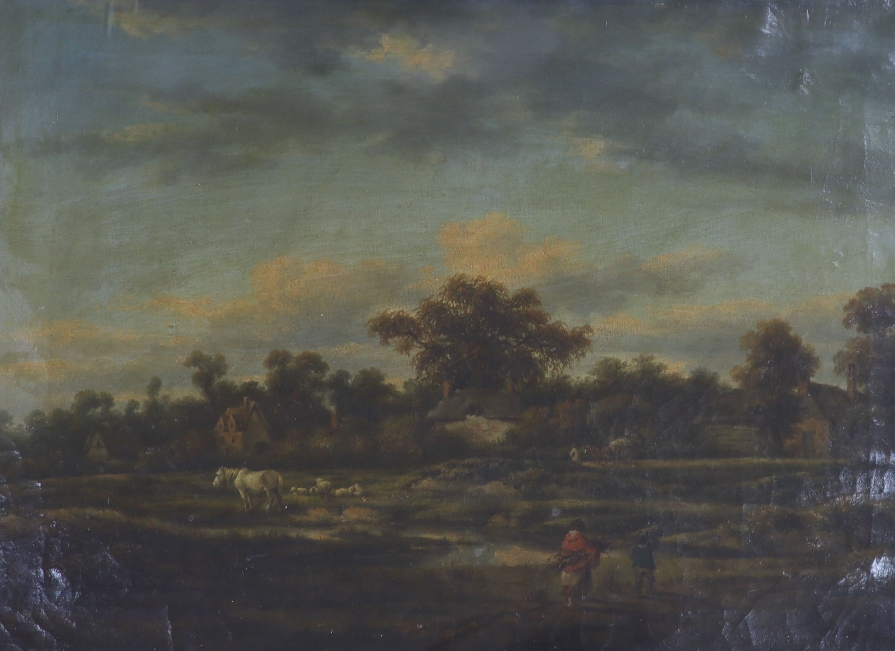 19th century Flemish School, oil on canvas, faggot gatherers and sheep in a landscape, indistinctly signed, 36 x 50 cm.